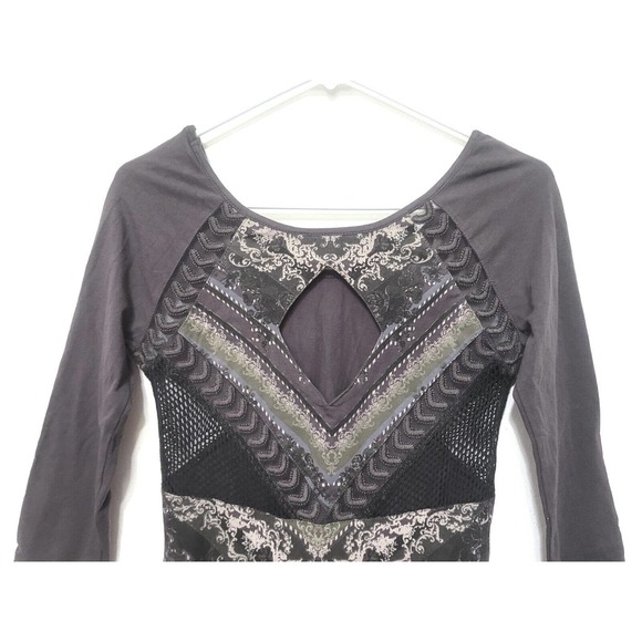 Free People Out Of Africa 3/4 Sleeve Gray Mini Dress Size S Keyhole Back Mesh - Picture 6 of 10